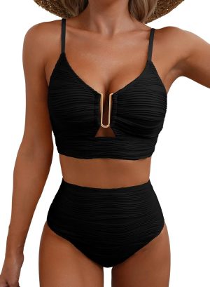 High Waisted 2 Piece Bikini Set, Adjustable Swimwear