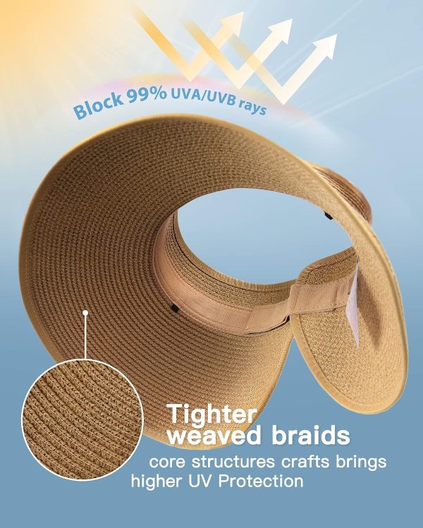 Wide Brim Straw Sun Hat with Ponytail Hole