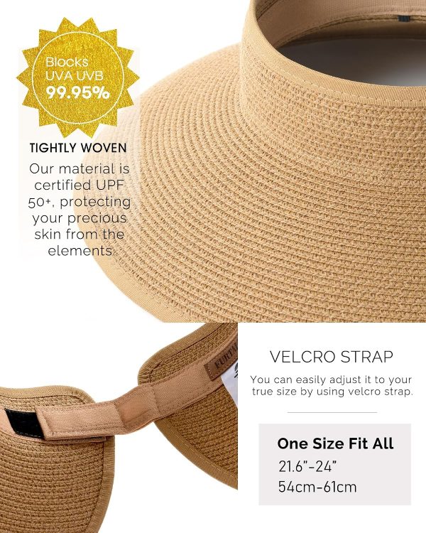 Wide Brim Straw Sun Hat with Ponytail Hole